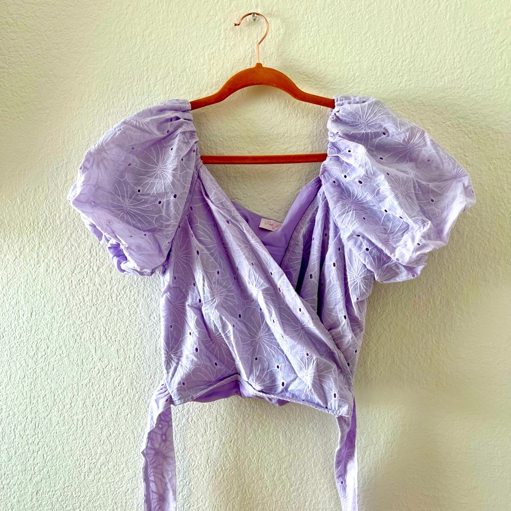 Pink Lily Lilac Puff Sleeve Eyelet Tie Wrap Blouse - Never worn